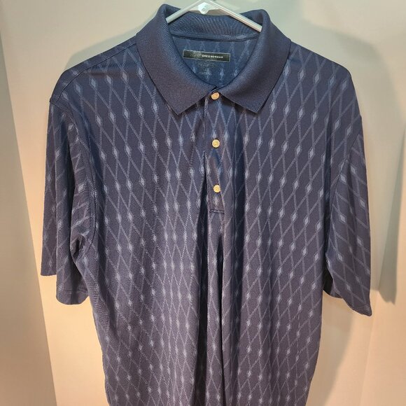 Greg Norman Blue Geometric Pattern Play Dry Golf Shirt Size L - Picture 1 of 9